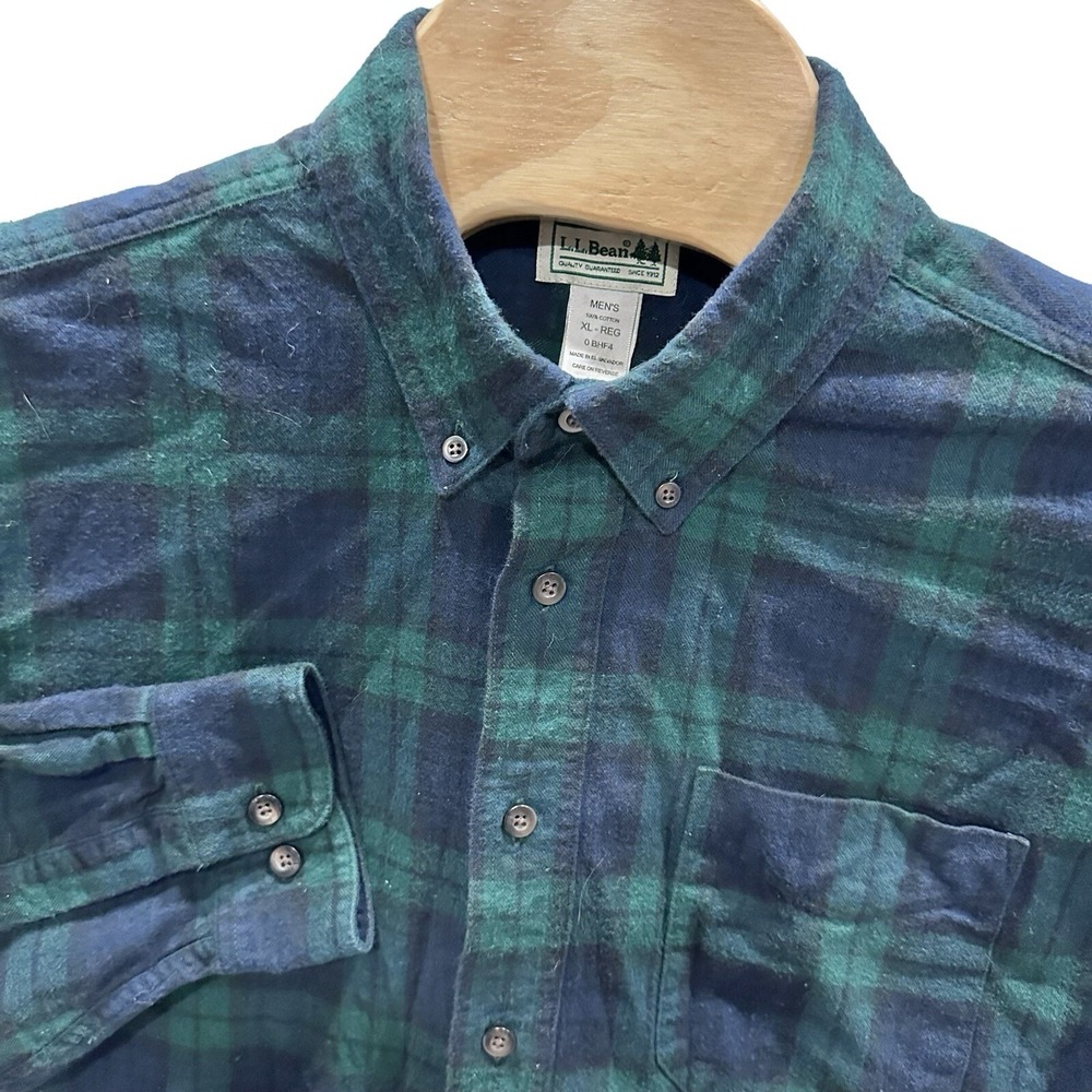 LL Bean Flannel Shirt Mens XL Heavy Navy Scotch Plaid Long Sleeve